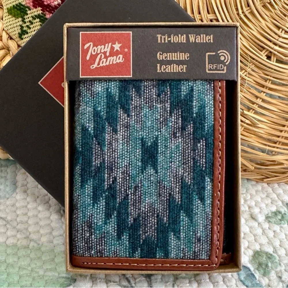 New Tony Lama Tri-Fold Wallet RFID Blue Aztec Canvas Leather Cowboy Western